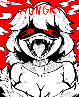 :3 bare_shoulders big_breasts black_sclera bodily_fluids bottomless breasts cleavage clothed clothing collarbone cropped_jacket dripping drooling earless evil_face evil_grin fangs female fluffy hair hungry imminent_vore jacket jacket_only looking_at_viewer machine noseless open_mouth open_smile red_background red_eyes red_text saliva saliva_drip saliva_on_tongue saliva_string screen screen_face sharp_teeth short_hair simple_background smile solo teeth text tongue tongue_out topwear topwear_only unusual_anatomy white_hair diddlydooter1 glitch_productions murder_drones v_(murder_drones) disassembly_drone humanoid robot robot_humanoid artist_name black_and_white digital_drawing_(artwork) digital_media_(artwork) monochrome signature