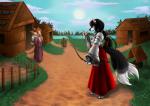 2_tails anthro archer arrow_(weapon) black_hair bow_(weapon) cosplay female feudal group hair multi_tail quiver_(object) ranged_weapon tail trio_focus weapon fujiokaaika inuyasha era kikyo_(inuyasha) canid canine fox mammal