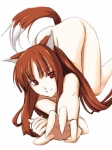 all_fours animal_humanoid brown_hair canid canid_humanoid canine canine_humanoid canis female hair holo_(spice_and_wolf) humanoid long_hair looking_at_viewer mammal mammal_humanoid nude red_eyes ribi solo spice_and_wolf tail wolf wolf_humanoid