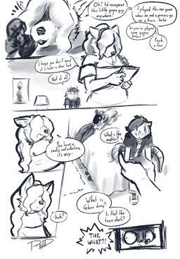 ambiguous_gender anthro dialogue fancy_clothing fascinated female feral figurine group hair horror_(expression) machine male poster text trio ravid_anml ghirr_firewire_mertens_(ravid_anml) nora_seulis_(ravid_anml) tobias_hecaucatl_(ravid_anml) american_opossum canid canine canis mammal marsupial protogen wolf absurd_res comic english_text hi_res monochrome sketch