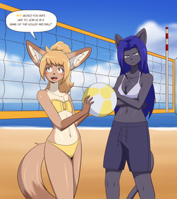 amber_eyes anthro ball bandeau_bikini bangs beach beach_ball bikini bikini_bottom bikini_top blue_clothing blue_hair blue_sky blue_swimming_trunks blue_swimwear bottomwear breasts brown_body brown_fur brown_tail_tip cleavage clothed clothing cloud countershade_neck countershade_torso countershading day dialogue dipstick_tail duo female fur green_eyes grey_body grey_fur hair inflatable light_body light_fur long_hair markings multicolored_body multicolored_fur navel net outside ponytail rosy_cheeks sand seaside side_bangs sky slim speech_bubble swimming_trunks swimwear tail tail_markings tan_body tan_fur text topwear two-piece_swimsuit volleyball_net water white_bikini_top yellow_bikini yellow_clothing yellow_swimwear flyingtrace june_(flyingtrace) yazz_(flyingtrace) canid canine domestic_cat felid feline felis fennec_fox fox mammal true_fox 2025 digital_media_(artwork) english_text hi_res shaded signature trans_(lore) trans_woman_(lore)