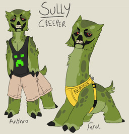 black_claws black_clothing black_sclera black_topwear bottomwear cheek_tuft claws clothing facial_tuft fur green_body green_fur green_spots grin looking_at_viewer male markings multicolored_eyes pants quadruped red_eyes sharp_teeth smile solo spots spotted_back spotted_body spotted_fur spotted_legs tan_bottomwear tan_clothing tan_pants teeth topwear tuft two_tone_eyes unsigned white_eyes swampjaws microsoft minecraft mojang xbox_game_studios sully_(imperatorcaesar) creeper_(minecraft) taur model_sheet