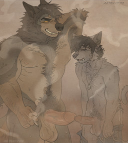 anthro balls black_sclera bodily_fluids body_hair cigarette duo erection eyebrows genitals glans humanoid_genitalia humanoid_penis male male/male musk nude nude_anthro nude_male penis pubes size_difference smoke steam sweat astrayd0g mythology doggone_(astrayd0g) canid canine felid feline mammal mythological_canine mythological_creature werecanid werecanine werecreature werewolf hi_res