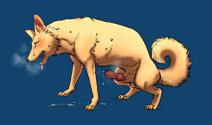 animal_genitalia animal_penis balls blush bodily_fluids canine_genitalia canine_penis censor_bar erection feral fur genital_fluids genitals ineffective_censorship knot male open_mouth penis precum rounded_back solo sweat tongue tongue_out yellow_body yellow_eyes yellow_fur denmoko canid canine canis domestic_dog mammal censored hi_res