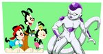 anthro barefoot being_watched clothing feet female group looking_at_another looking_back male open_mouth simple_background smile tongue tongue_out scottforester17 animaniacs dragon_ball warner_brothers dot_warner frieza wakko_warner yakko_warner frieza_race inkblot crossover hi_res sibling_(lore)