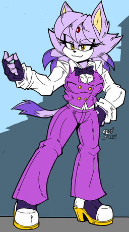 anthro bangs black_nose blue_background boots bottomwear bow_tie breasts button_(fastener) clothing collared_shirt cosplay dress_shirt eyelashes eyelashes_through_hair eyeliner facial_markings female fingerless_gloves footwear forehead_gem fur gem gloves hair hand_on_hip hand_on_own_hip handwear head_markings high_heeled_boots high_heels looking_at_viewer makeup markings mascara multicolored_body multicolored_clothing multicolored_footwear multicolored_fur multicolored_hair multicolored_high_heels multicolored_shoes muzzle_(marking) pants platform_footwear platform_heels ponytail purple_body purple_bottomwear purple_bow_tie purple_clothing purple_footwear purple_fur purple_gloves purple_handwear purple_high_heels purple_neckwear purple_pants purple_shoes purple_topwear purple_vest red_gem shirt shoes simple_background smile smiling_at_viewer smug solo tan_inner_ear topwear translucent translucent_hair tuft two_tone_hair two_tone_tail vest white_body white_clothing white_dress_shirt white_footwear white_fur white_high_heels white_markings white_shirt white_shoes white_topwear yellow_clothing yellow_footwear yellow_high_heels yellow_shoes zhengfox sega sonic_the_hedgehog_(series) blaze_the_cat king_(snk) domestic_cat felid feline felis mammal 2022 hi_res signature