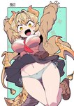 animal_tail big_breasts blonde_hair blue_clothing blue_panties blue_underwear blush blush_lines bottomwear breasts brown_clothing brown_footwear brown_shoes brown_socks brown_topwear clothed clothing eyelashes fangs female footwear front_view green_background grey_bottomwear grey_clothing grey_skirt hair horn navel necktie necktie_between_breasts open_clothing open_mouth open_smile open_topwear orange_body orange_horn orange_scales orange_wings panties pink_clothing pink_topwear raised_arms red_necktie scales shoes short_hair simple_background skirt smile socks solo tail tan_body tan_skin teeth thick_thighs topwear underwear upskirt white_background wide_hips wings yellow_eyes chichibu3 wat_son_(artist) mythology animal_humanoid dragon dragon_humanoid horned_humanoid humanoid mythological_creature mythological_scalie scalie tailed_humanoid winged_humanoid character_request hi_res