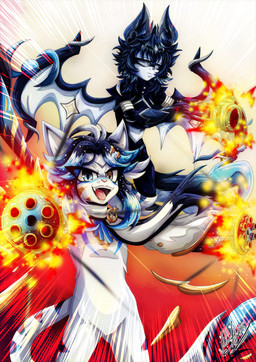 accessory amber_eyes anthro arm_cannon arm_wraps armwear blue_eyes blue_hair bodysuit cannon clothed clothed_anthro clothing duo fully_clothed fully_clothed_anthro gatling_gun gun gun_arm hair headband heterochromia looking_at_viewer machine_gun male markings minigun multicolored_hair muzzle_flash open_mouth pointy_ears ranged_weapon scarf skinsuit tight_clothing tongue two_tone_hair weapon weapon_arm white_body wings wraps yellow_markings yukariasano venator_(bonjolasermaster) vexaire_the_hybrid bat felid feline hybrid mammal hi_res