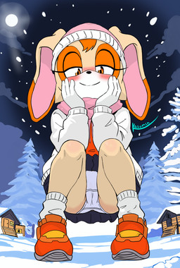 anthro bangs beanie blush bottomwear clothed clothing crouching female footwear gloves hand_on_face handwear hat headgear headwear jacket looking_at_viewer moon night orange_clothing orange_footwear orange_shirt orange_shoes orange_topwear outside panties panty_shot plant scarf shirt shoes skirt snow solo topwear tree underwear upskirt winter_clothing young kasumin_(artist) sega sonic_the_hedgehog_(series) cream_the_rabbit lagomorph leporid mammal rabbit hi_res