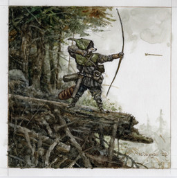 anthro arrow_(weapon) belt bow_(weapon) clothing firing_weapon forest green_clothing holding_bow_(weapon) holding_object holding_ranged_weapon holding_weapon looking_away male outside plant ranged_weapon scabbard solo standing tail tree weapon larry_macdougall mammal procyonid raccoon 2022 hi_res painting_(artwork) traditional_media_(artwork) watercolor_(artwork)