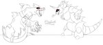 absurd_res alligator alligatorid anthro battle biped bodily_fluids breath claws claws_out crocodile crocodilian crocodylid digital_drawing_(artwork) digital_media_(artwork) duo fan_character fangs feral feraligatr fight fighting_pose fingers generation_1_pokemon generation_2_pokemon hi_res horn line_art male muscular nidoking nintendo open_mouth panting pokemon pokemon_(species) pose reptile roaring saliva saliva_string scales scalie shadow signature simple_background standing tail teeth tongue xphantomk yelling