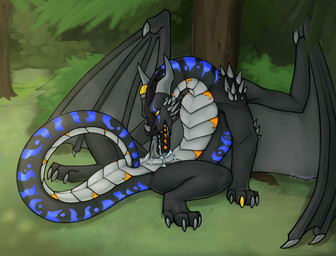 anus autofellatio black_body blue_body blue_scales bodily_fluids cum feet feral forest genital_fluids grey_underbelly hindpaw looking_at_viewer male masturbation oral oral_masturbation paws penetration penile penile_masturbation plant precum scales solo spread_legs spreading tail tail_fetish tail_insertion tail_play tree yellow_eyes kuueen mythology dragon mythological_creature mythological_scalie scalie absurd_res hi_res