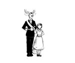 2024 6:5 anthro antlers clothing deer deer_admiral_(hladilnik) dress duo female fish frown hand_on_arm hi_res hladilnik horn larger_male lonely_shark_(hladilnik) maid_uniform male mammal marine monochrome shark size_difference smaller_female suit uniform