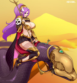 ambiguous_gender armor big_breasts bottomwear breasts cape cleavage clothed clothing desert eyelashes female feral hair headgear helmet horn humanoid_pointy_ears lipstick long_eyelashes makeup pointy_ears ponytail purple_body purple_hair purple_lipstick purple_scales riding scales skirt tattoo unconvincing_armor yellow_eyes nofuture demon humanoid reptile scalie snake 2025 hi_res