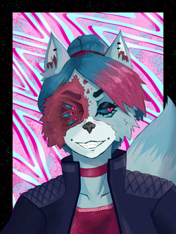 4_eyes anthro blue_body blue_fur female fur multi_eye piercing smile solo suspiciousconeofficial canid canine mammal 3:4 absurd_res hi_res