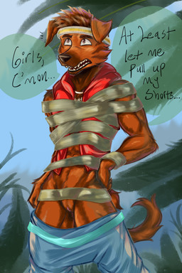 abs accessory andromorph anthro athletic athletic_male bottomwear bottomwear_down bound brown_body brown_fur clothed clothing fur genitals hair headband headgear headwear intersex jacket male pants pants_down partially_clothed restrained solo speech_bubble standing text topwear vulva slaveknightsylva forgotten_island raww_(forgotten_island) canid canine mammal werecanid werecanine werecreature weredog hi_res