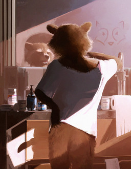 animal_genitalia animal_penis anthro bathroom bottomless bottomless_anthro bottomless_male brown_body brown_fur brush brushing brushing_teeth canine_penis_silhouette clothed clothing erection fingers fur genitals holding_brush holding_object holding_toothbrush male mirror mirror_reflection mismatched_animal_penis mismatched_animal_penis_silhouette mismatched_genitalia mismatched_genitalia_silhouette mismatched_penis mismatched_penis_silhouette morning_wood open_mouth penis penis_shadow penis_silhouette rear_view reflection shirt shirt_only silhouetted_genitals silhouetted_penis solo standing tail teeth tongue toothbrush topwear topwear_only sidekick guardians_of_the_galaxy marvel rocket_raccoon mammal procyonid raccoon digital_media_(artwork) hi_res