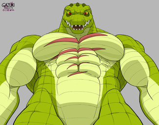 abs anthro biceps green_body jaws looking_at_viewer male muscular muscular_male nude open_mouth pecs red_eyes scar simple_background solo stare teeth yellow_sclera gazuki alligator alligatorid crocodile crocodilian reptile scalie digital_media_(artwork) hi_res redraw