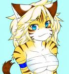 anthro armband blonde_hair blue_background blue_eyes blush breasts breasts_tied chest_wraps female fur hair kemono looking_at_viewer mostly_nude orange_body orange_fur simple_background smile solo striped_body striped_fur stripes under_boob white_body white_fur wraps megane_inu cyberconnect2 drecom full_bokko_heroes zhang_fei_(full_bokko_heroes) felid mammal pantherine tiger 2015 bust_portrait icon portrait