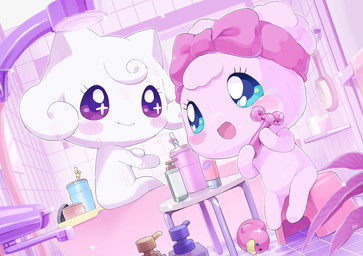 accessory anthro bathing bathing_together blue_eyes bow_ribbon closed_smile curly_hair duo featureless_chest featureless_crotch featureless_feet featureless_hands feet female female/female flat_chested hair hair_accessory hair_bow hair_ribbon looking_at_another mouth_closed nude nude_anthro nude_female open_mouth open_smile pink_body pink_hair_bow pink_hairband purple_eyes ribbons rubber_duck shampoo_bottle shower_head smile wet wet_body white_body white_hair young young_anthro young_female kurimo_jinguy tamagotchi yumemitchi pianitchi tamagotchi_(species) hi_res