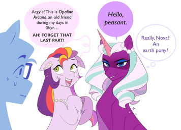 blue_body blue_eyes blue_eyeshadow dialogue ear_piercing eyeshadow eyewear female feral glasses green_eyes greeting group horn jewelry makeup male necklace piercing pink_body purple_body text thought_bubble trio aztrial hasbro mlp_g5 my_little_pony mythology argyle_starshine_(mlp) nova_starscout_(mlp) opaline_(mlp) earth_pony equid equine horse mammal mythological_creature mythological_equine pony unicorn english_text hi_res