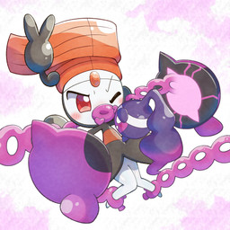 ambiguous_gender ambiguous_humanoid black_body blush duo eye_contact feeding forehead_gem gem looking_at_another multicolored_body one_eye_closed orange_body purple_body red_eyes restrained_arms restrained_legs slim slim_ambiguous slim_humanoid three-quarter_view white_body lucky777 nintendo pokemon generation_5_pokemon generation_9_pokemon humanoid legendary_pokemon meloetta meloetta_(pirouette_form) pecharunt pokemon_(species) 1:1 2026 absurd_res digital_drawing_(artwork) digital_media_(artwork) hi_res shaded soft_shading