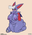 absurd_res anthro areola balls big_breasts blush blush_lines breasts clothed clothing dress eyeshadow flare_(purplebird) generation_4_pokemon genitals gliscor gynomorph happy head_pat hi_res intersex kneeling lipstick makeup nintendo nipples nude open_mouth partially_clothed penis petting pokemon pokemon_(species) purple_areola purple_nipples smile solo spaca thick_thighs