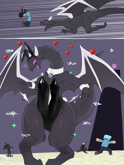 2_panel_comic anthro armor black_body bottomwear bunny_costume clothed clothing costume diamond_helmet dragon_wings fake_ears fake_rabbit_ears female fishnet_clothing fishnet_legwear fishnet_stockings group headgear heart_symbol helmet horn latex latex_clothing legwear male open_mouth purple_eyes purple_tongue symbol tail tongue topwear wings liend microsoft minecraft mojang mythology xbox_game_studios jean_(minecraft) steve_(minecraft) dragon ender_dragon enderman human mammal monster mythological_creature mythological_scalie scalie 2025 3:4 hi_res