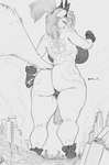 anthro breasts building building_destruction butt city destroyed_building destruction genitals giga gynomorph humanoid_genitalia humanoid_penis intersex macro markings penis perineum rear_view slightly_chubby solo thick_thighs perenthis rem_(r3m1x) canid canine deity demon fox mammal hi_res monochrome female_(lore)