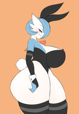 bedroom_eyes big_breasts big_butt blue_hair breasts bunny_costume butt clothing costume female hair huge_breasts huge_butt legwear leotard looking_at_viewer narrowed_eyes not_furry red_eyes seductive smile solo thick_thighs thigh_highs wide_hips saltyxodium nintendo pokemon gardevoir generation_3_pokemon pokemon_(species) shiny_pokemon character_request hi_res