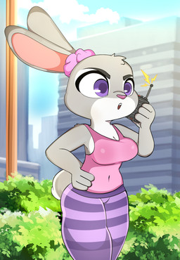 anthro bottomwear breasts building cleavage clothed clothed_anthro clothed_female clothing ears_as_hair electronics female female_anthro hand_on_hip leggings legwear medium_breasts navel_outline pants pattern_bottomwear pattern_clothing pattern_pants plant ponytail_ears purple_eyes scrunchie scut_tail shirt short_tail shrub solo striped_bottomwear striped_clothing striped_pants stripes tail tank_top topwear walkie-talkie yellow_electricity yellow_emanata onibi disney zootopia judy_hopps european_rabbit lagomorph leporid mammal oryctolagus rabbit absurd_res hi_res