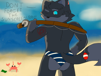 anthro beach blue_body blue_eyes bodily_fluids butt clothing exclamation_point fishing_rod looking_at_viewer looking_back male male/male money simple_background sweat sweatdrop swimming_trunks swimwear zrthefox pixile_studios super_animal_royale arthropod canid canine crab crustacean decapod fox malacostracan mammal hi_res