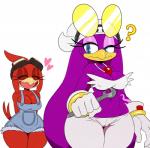 anthro beak blue_eyes blush bodily_fluids breasts cleavage clothed clothing duo eyes_closed eyewear female glasses goggles half-closed_eyes heart_symbol narrowed_eyes non-mammal_breasts purple_body question_mark red_body simple_background sweat tongue white_background wide_hipped_anthro wide_hipped_female wide_hips sssonic2 sega sonic_forces sonic_riders sonic_the_hedgehog_(series) custom_character_(sonic_forces) rosa_(sssonic2) wave_the_swallow avian babylonian_(sonic) bird hirundinid oscine passerine swallow_(bird) absurd_res hi_res