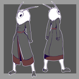 antennae_(anatomy) anthro barefoot belt black_sclera breasts clothing coat feet female fingers fur long_coat neck_tuft solo standing topwear tuft white_body white_eyes white_fur the_man arthropod insect lepidopteran moth 1:1 2022 absurd_res hi_res model_sheet