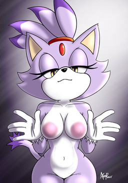 anthro areola big_breasts black_nose breasts clothing dipstick_tail eyelashes featureless_crotch female forehead_gem front_view fur gem gloves gloves_only handwear handwear_only looking_at_viewer markings mostly_nude navel nipples nude pink_areola pink_nipples purple_body purple_fur solo tail tail_markings thick_thighs white_body white_clothing white_fur white_gloves white_handwear wide_hips yellow_eyes xenrevv sega sonic_the_hedgehog_(series) blaze_the_cat domestic_cat felid feline felis mammal hi_res
