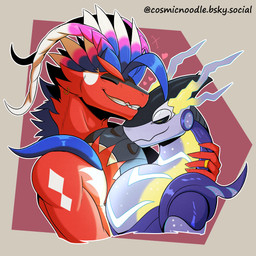 anthro digit_ring duo eyes_closed feathers grin hug jewelry male male/male piercing red_body ring romantic romantic_couple smile wedding_ring cosmic_noodle mythology nintendo pokemon ancient_pokemon apex_build_koraidon dragon future_pokemon generation_9_pokemon koraidon legendary_pokemon miraidon mythological_creature mythological_scalie paradox_pokemon pokemon_(species) scalie ultimate_mode_miraidon 1:1 digital_media_(artwork) hi_res