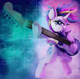 blue_eyes electric_guitar female guitar hair horn looking_at_viewer multicolored_hair musical_instrument playing_guitar playing_music plucked_string_instrument solo string_instrument thediscorded fender_musical_instruments_corporation friendship_is_magic hasbro my_little_pony mythology stratocaster raripunk rarity_(mlp) equid equine mammal mythological_creature mythological_equine unicorn 2017 hi_res
