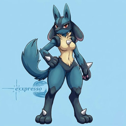 anthro black_body black_fur blue_body blue_fur breasts chest_spike featureless_breasts female female_anthro foot_spike fur gloves_(marking) hand_on_hip hand_spike leg_markings looking_at_viewer markings medium_breasts navel nude pawpads red_eyes socks_(marking) solo spikes spikes_(anatomy) standing tail cafe-exxpresso nintendo pokemon generation_4_pokemon lucario pokemon_(species) 1:1 hi_res