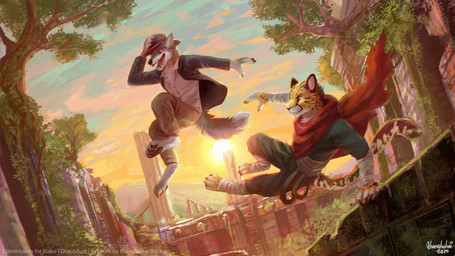 4_toes 5_fingers action_pose anthro barefoot black_nose bottomwear brown_body brown_fur brown_spots clothed clothed_anthro clothed_male clothing day detailed_background digitigrade duo feet fingers foot_wraps fully_clothed fur grey_body grey_fur hat headgear headwear male markings moss multicolored_body multicolored_fur open_mouth open_smile outside pants plant pose shirt sky smile spots spotted_body spotted_fur sun tail teeth toes tongue topwear two_tone_body two_tone_fur wraps yellow_body yellow_fur thanshuhai canid canine canis cheetah felid feline mammal wolf 16:9 2020 digital_media_(artwork) digital_painting_(artwork) painting_(artwork) widescreen
