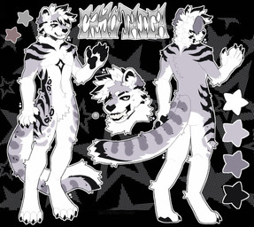 abstract_background angelbite_piercing anthro bared_teeth black_background black_body black_fur black_hair black_nose black_stripes blind blind_eye cheek_piercing chest_tuft claws color_swatch dimple_piercing disability ear_piercing ear_tuft eyebrow_slit eyebrows facial_piercing fangs fluffy fluffy_chest fluffy_tail front_view fur grey_body grey_face grey_fur grin hair inner_ear_fluff lip_piercing looking_at_viewer male mane markings multiple_angles occult_symbol pawpads paws pentagram piercing raised_arm satanic satanic_symbol scratch simple_background smile smiling_at_viewer snout solo standing star striped_body striped_fur stripes symbol tail tail_markings teeth three-quarter_view tuft white_body white_eyes white_face white_fur white_hair wolfcriedback cryotaiga felid hybrid mammal pantherine snow_leopard tiger colored full-length_portrait hi_res model_sheet portrait