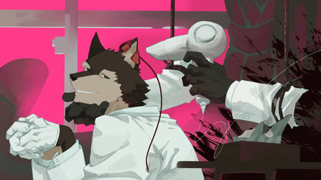 anthro blood blood_splatter bodily_fluids brown_body brown_fur clothed clothing disembodied_hand dryer fur green_eyes group hair_dryer hand_holding holding_chin looking_back male pink_background simple_background smile trio mbek furloid utau aro_rouon canid canine mammal absurd_res hi_res