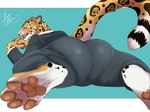 anthro butt butt_focus clothing feet female foot_focus inviting licking licking_lips looking_at_viewer looking_back paws raised_tail solo suit tail tongue nekomata_ftnr felid feline jaguar mammal pantherine 4:3 hi_res