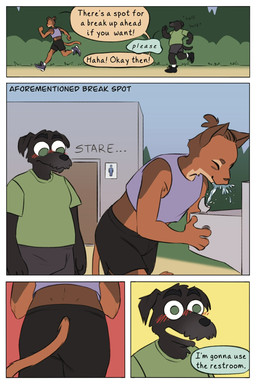 anthro armpit_hair blush body_hair bottomwear bulge butt clothing crop_top dialogue drinking_water duo footwear jogging looking_at_butt male male/male outside shirt shoes shorts sneakers stare t-shirt text topwear demilittleguy dave_(demilittleguy) james_(demilittleguy) canid canine canis domestic_cat domestic_dog felid feline felis mammal comic english_text hi_res