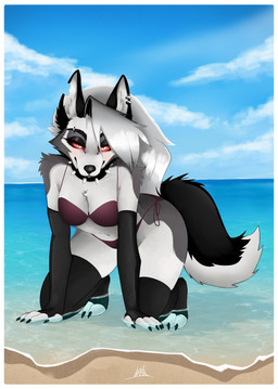 anthro beach bikini bikini_bottom bikini_top border breasts clothing cloud collar ear_piercing ear_ring eyebrow_piercing eyebrows facial_piercing female fur glowing glowing_eyes inner_ear_fluff kneeling legging leggings legwear legwear_only mostly_nude nails piercing red_eyes ring_piercing sand sea sky skyscape solo spiked_collar spikes stockings stockings_only swimwear tuft two-piece_swimsuit water white_body white_border white_fur frayfur hellaverse helluva_boss mythology loona_(helluva_boss) canid canid_demon canine canis demon hellhound mammal mythological_canine mythological_creature wolf absurd_res hi_res