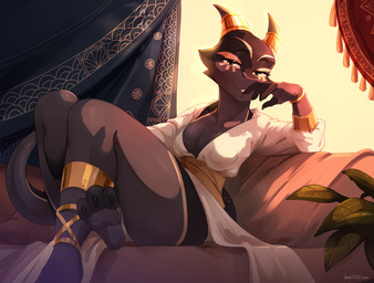anklet anthro black_body black_scales bracelet breasts claws cleavage clothed clothing dress feet female gold_(metal) gold_jewelry horn horn_jewelry horn_ring jewelry looking_at_viewer medium_breasts non-mammal_breasts plant ring_(jewelry) scales sitting solo tail thick_thighs toe_claws white_clothing yellow_eyes hakkids2 cleo_(illustriousgrave) kobold scalie absurd_res hi_res