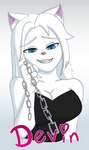 anthro big_breasts blue_eyes breasts chain dominant dominant_female female first_person_view fur hair smile smirk solo white_body white_fur white_hair yeetboi420z devin_(yeetboi420z) domestic_cat felid feline felis mammal hi_res