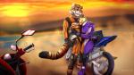 anthro armor clothed clothing desert duo food footwear fur hat headgear headwear helmet hug leather male motorcycle road standing stripes suit sunset topwear vehicle nanukkluik chorpion nanukk_luik_(character) felid mammal mustelid otter pantherine tiger 16:9 2019 digital_media_(artwork) hi_res widescreen