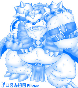 anthro armor belly bottomwear bulge clothing headgear helmet kemono loincloth male open_mouth overweight overweight_male simple_background solo standing text weapon mogpon bandai_namco digimon digimon_(species) vikemon 2012 blue_and_white hi_res monochrome