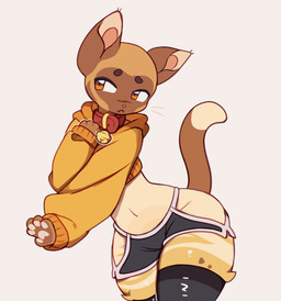 anthro black_clothing black_legwear black_stockings blush blush_lines bottomwear brown_eyebrows brown_markings clothing collar cropped_hoodie cute_fangs eyebrows fangs femboy hoodie legwear male markings navel orange_eyes pawpads pink_nose pose red_collar shorts simple_background solo stockings tail tail_motion tan_body teeth thick_thighs topwear white_background wide_hips yellow_clothing yellow_hoodie yellow_topwear sufness domestic_cat felid feline felis mammal animated cel_shading colored digital_drawing_(artwork) digital_media_(artwork) loop shaded