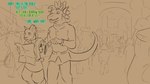 16:9 anthro arvie_dreadmaw clothed clothing comic crowd dialogue dragonborn_(dnd) dungeons_and_dragons duo ear_piercing ear_ring english_text fek fekkri_talot felid fully_clothed group hasbro hi_res male mammal monochrome piercing public ring_piercing sepia tabaxi text widescreen wizards_of_the_coast